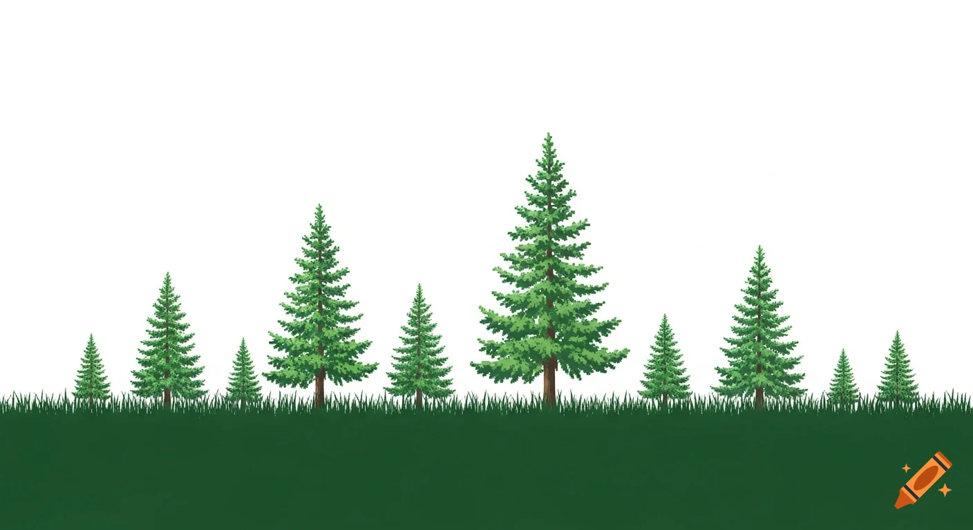 A row of green pine trees and dark green grass against a white background, resembling a website divider.