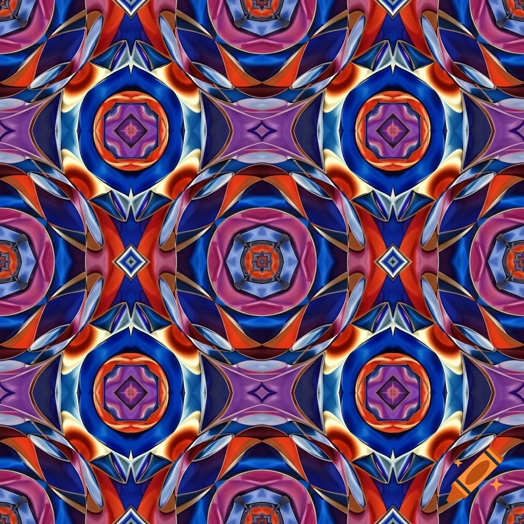 A vibrant, seamless abstract pattern featuring blue, orange, and purple geometric shapes, creating a kaleidoscopic and metallic effect.