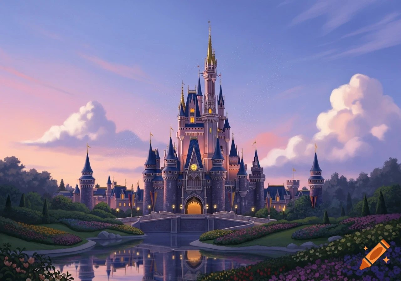 A majestic Disney-style fantasy castle with glowing windows reflects in a still lake, surrounded by lush gardens under a pink and purple sunset.