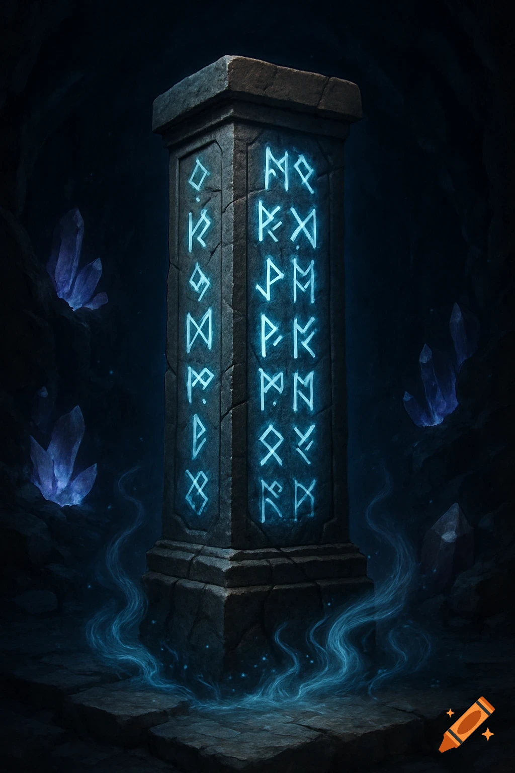 A glowing stone pillar inscribed with blue runes stands in a dark, mystical cave with purple crystals and faint blue mist.