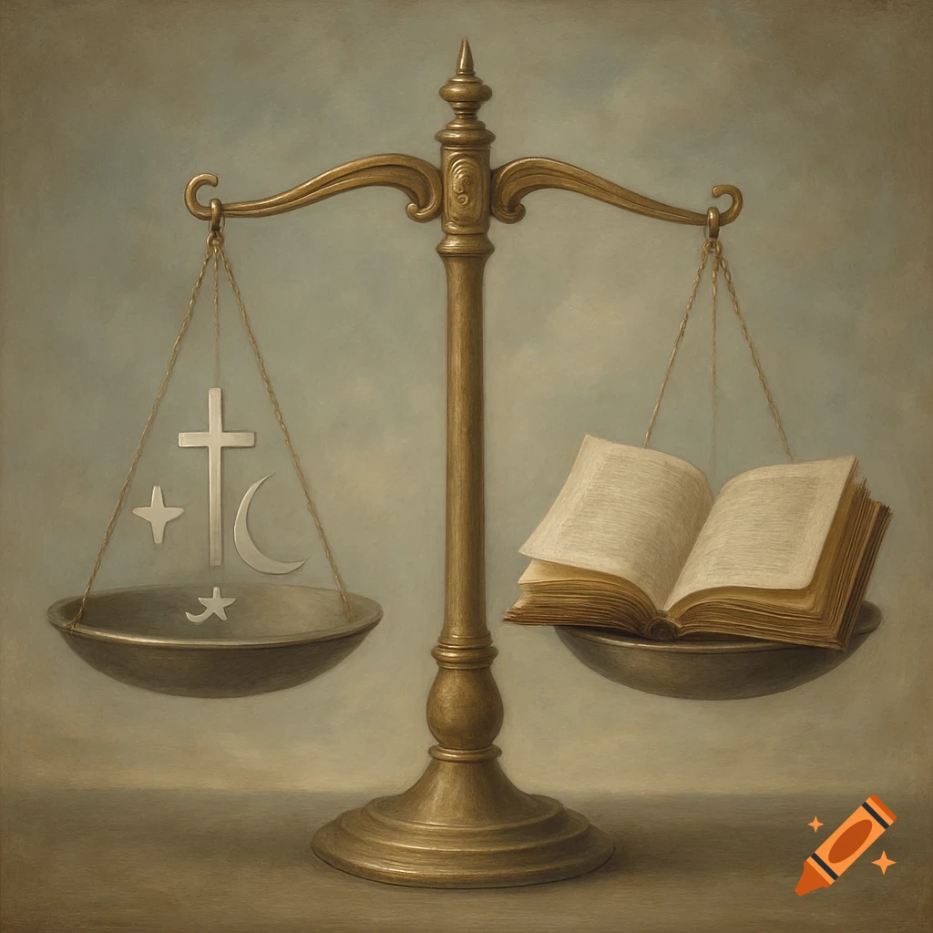 A classic golden balance scale with religious symbols on the left and an open book on the right, in a painterly style.