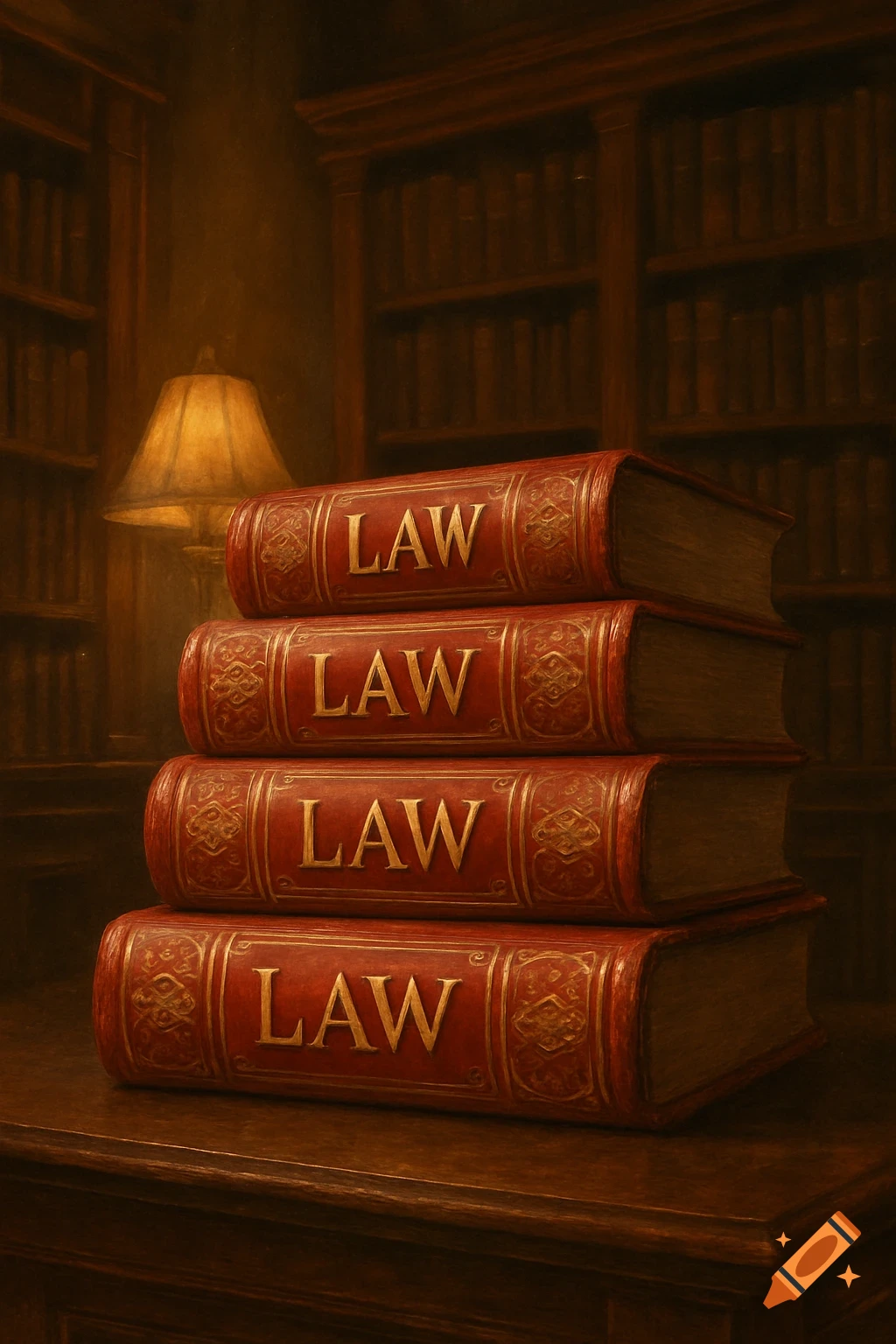 A stack of four red law books with gilded text on a wooden table in a dimly lit library, with a warm lamp and bookshelves.