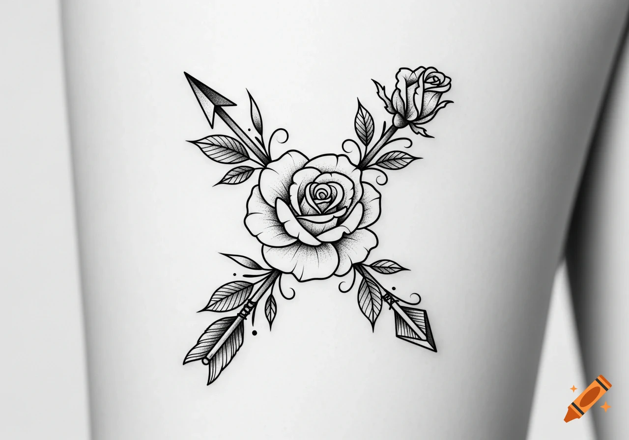 Black and white tattoo design featuring a large central rose, a smaller rose bud, and two crossed arrows with leaves and dot shading.