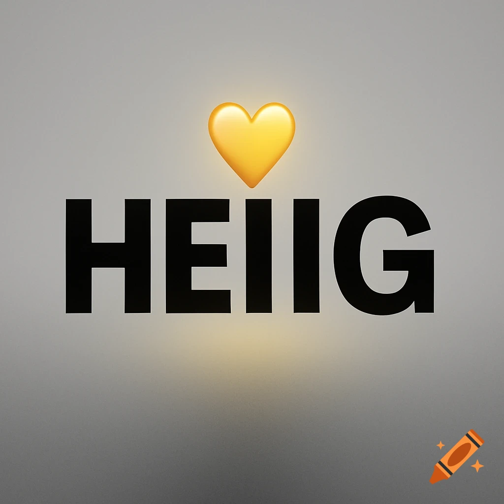 The word HEIIG in black text with a glowing yellow heart emoji above the 'II' on a gradient gray background.