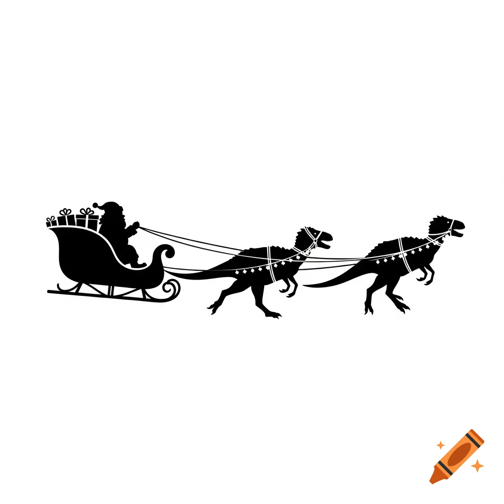 Black and white silhouette of Santa's sleigh being pulled by two dinosaurs on a clean background.