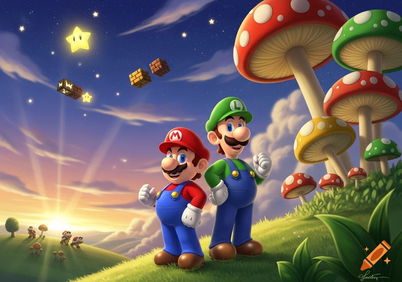 Mario and Luigi stand on a green hill with giant mushrooms, star, and floating blocks under a vibrant sunset sky.