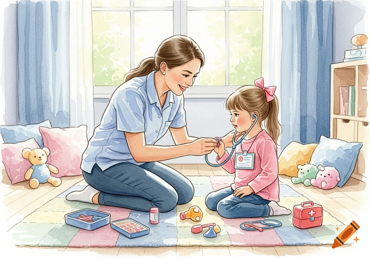 A woman and a young girl playing doctors on a colorful rug with toys in a brightly lit room, in a watercolor style.