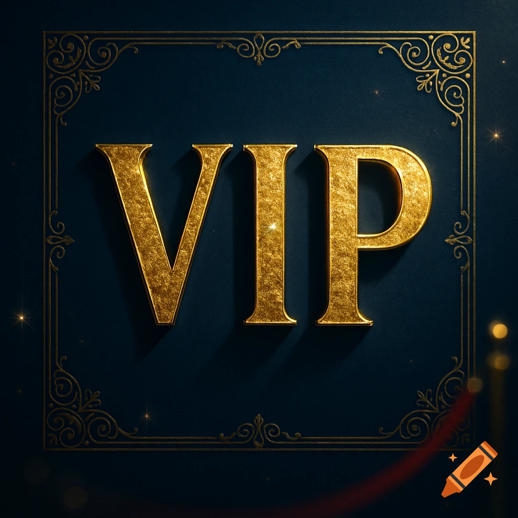 Golden 'VIP' text with ornate gold borders on a dark blue background, sparkling, with a red velvet rope.
