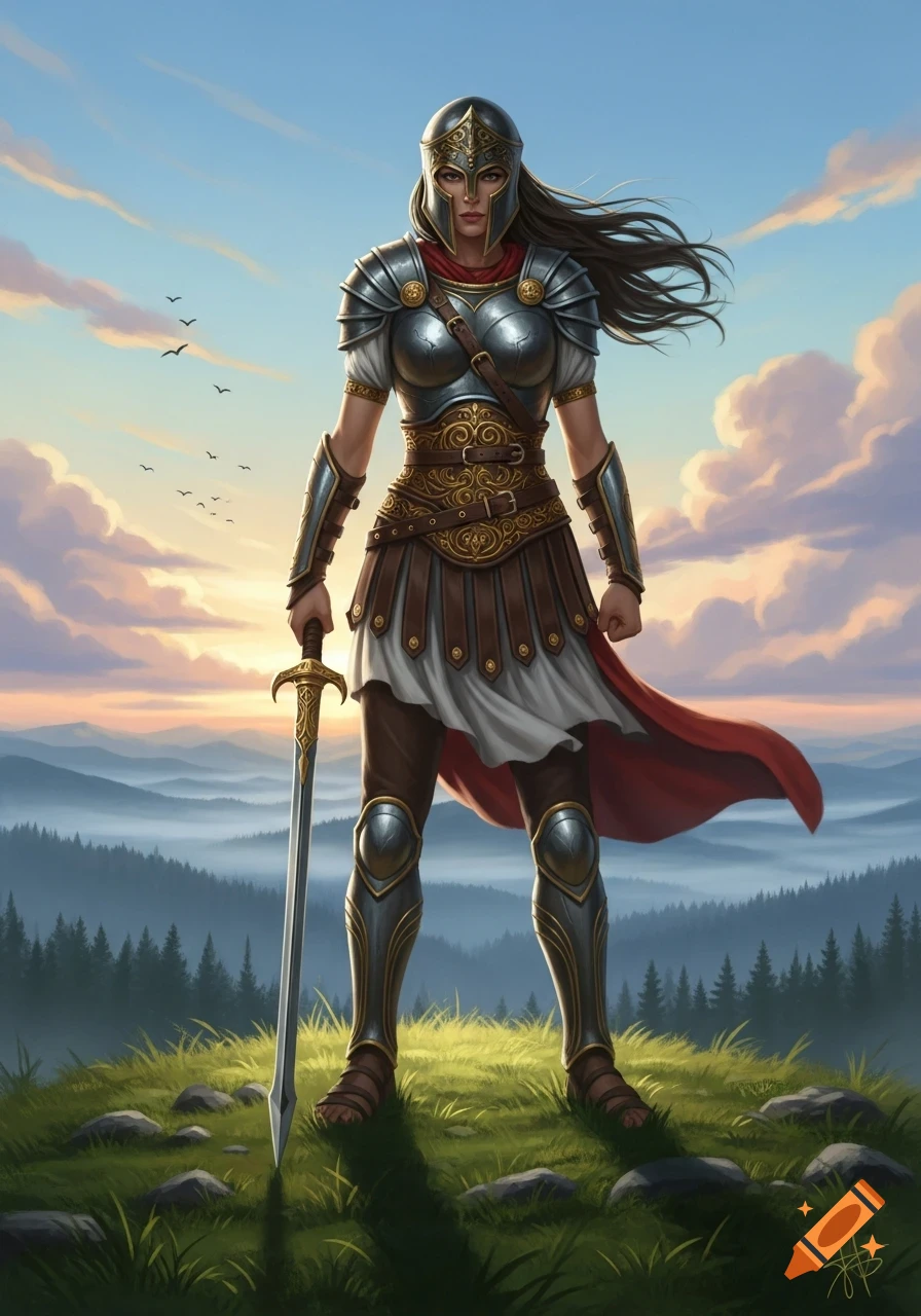 A female warrior in ornate armor stands on a grassy hilltop, holding a ...