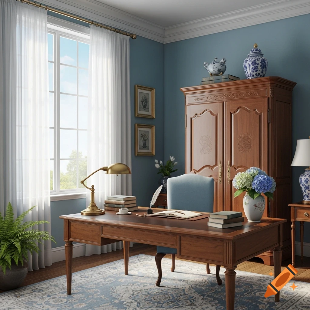 A bright traditional home office with blue walls, a wooden desk, a light blue chair, a large wooden wardrobe, and sheer white curtains.