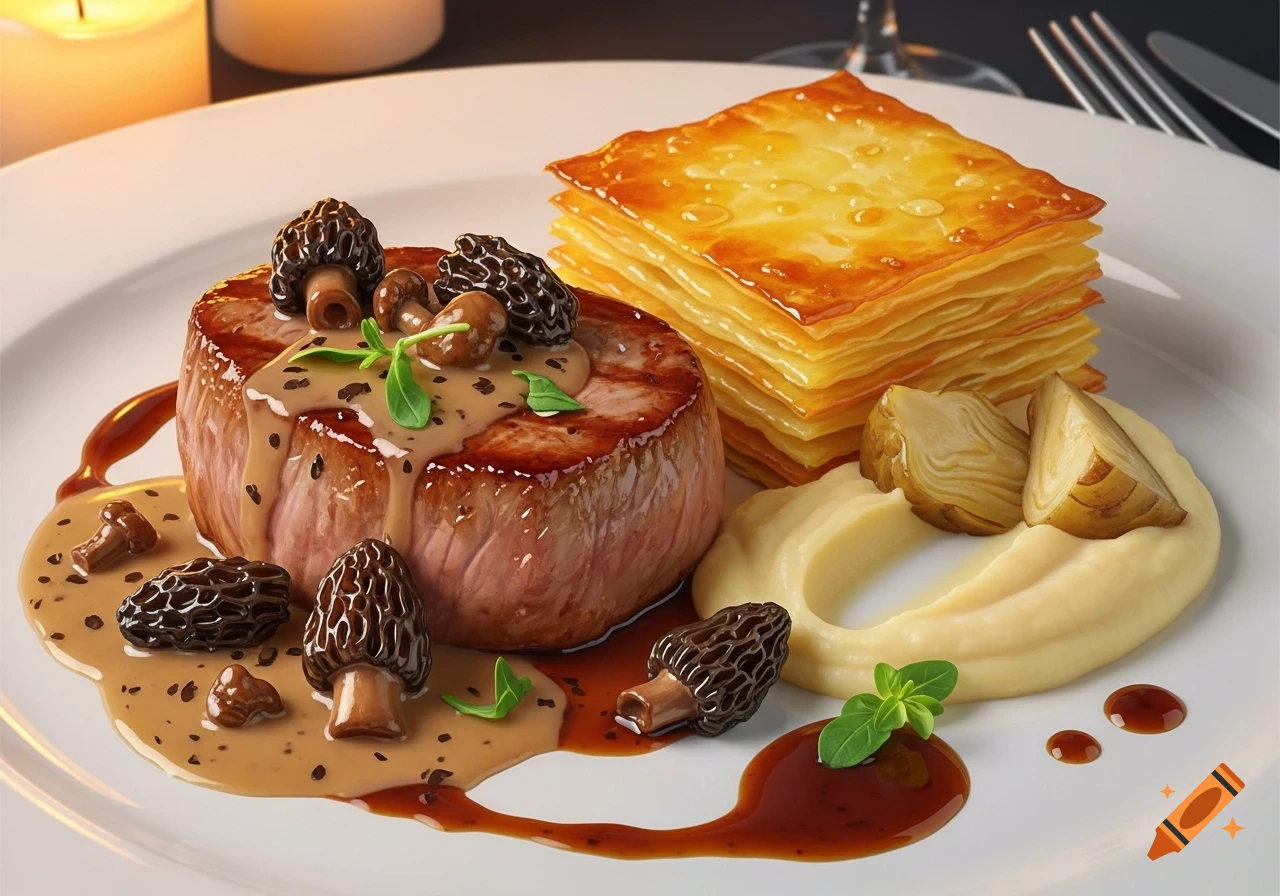 Photorealistic gourmet dish with seared veal filet, morel mushrooms, potato millefeuille, sunchoke puree, and sauces on a white plate.