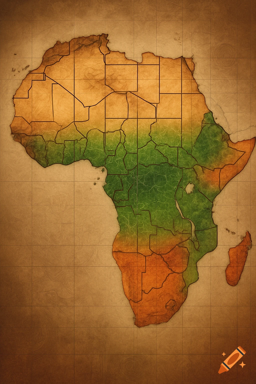 A vintage-style map of Africa with textured, colored regions and distinct borders on a grid background.