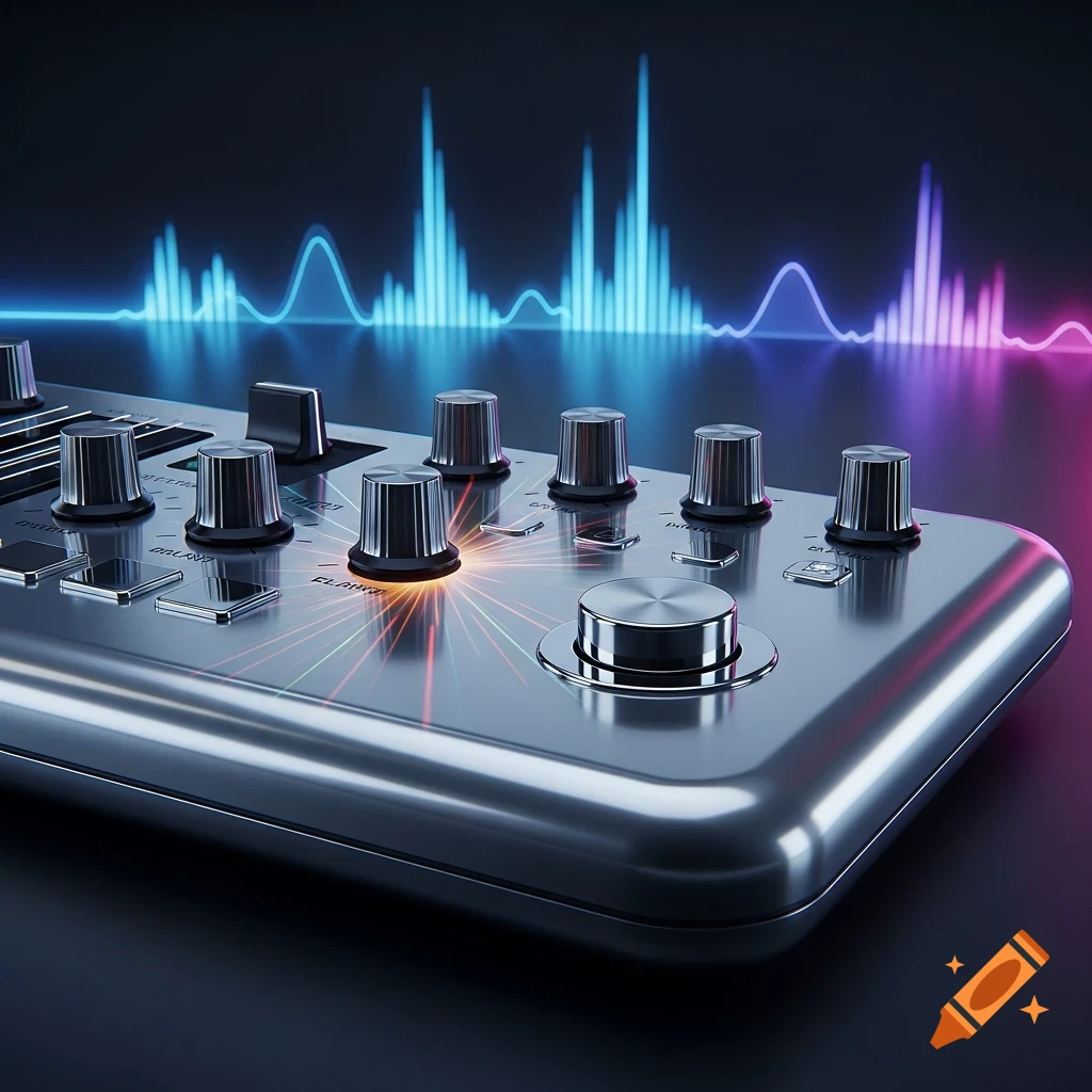 A futuristic chrome audio mixer or synthesizer with multiple knobs, some glowing, against a backdrop of neon blue and purple sound waves.