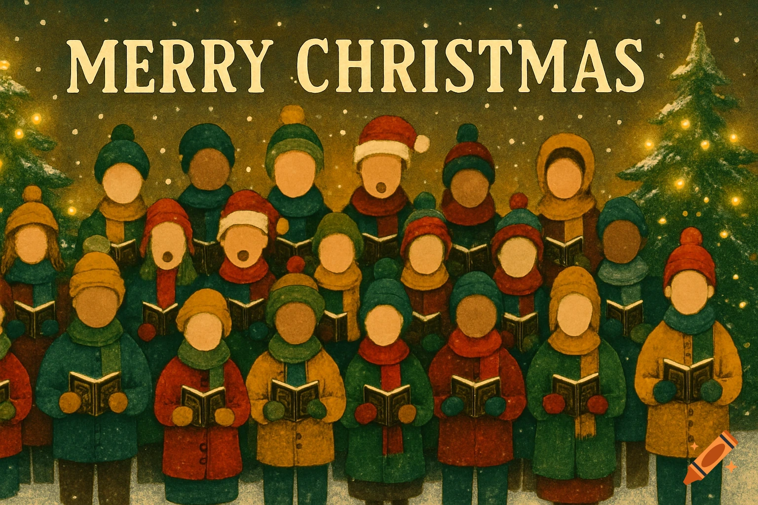 Textured illustration of a faceless Christmas choir in winter clothes holding songbooks, standing in snow with illuminated Christmas trees and falling snow, under "MERRY CHRISTMAS" text.