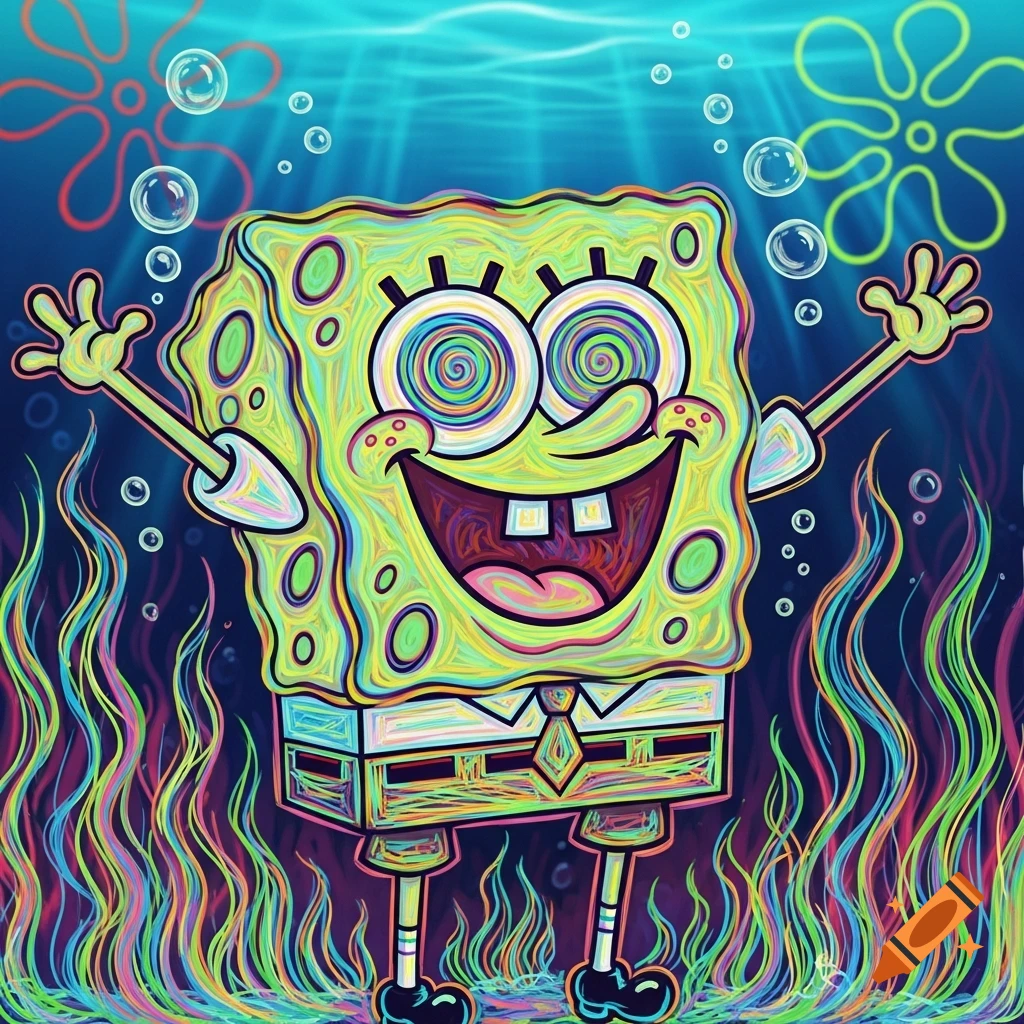 Psychedelic abstract Spongebob Squarepants underwater, depicted with swirling, multi-colored eyes and vibrant glowing plant life.