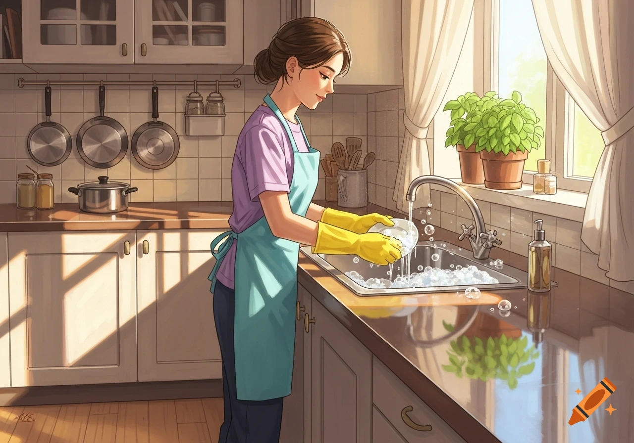 An illustrated young woman in an apron and yellow gloves washes dishes in a sunny kitchen, with potted plants on the windowsill.