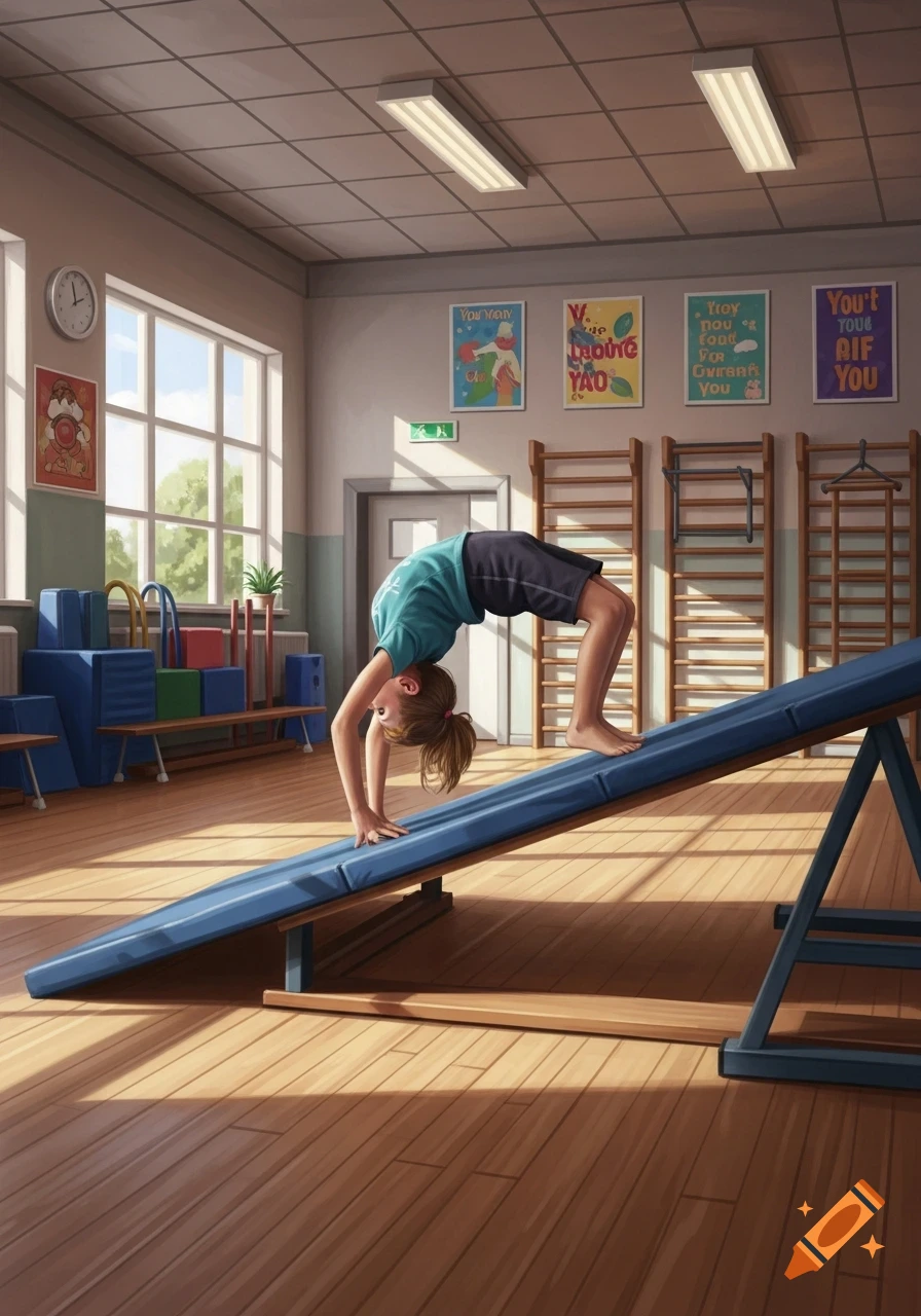A child in a blue shirt and black shorts does a backbend on an inclined blue mat in a sunlit gymnasium.