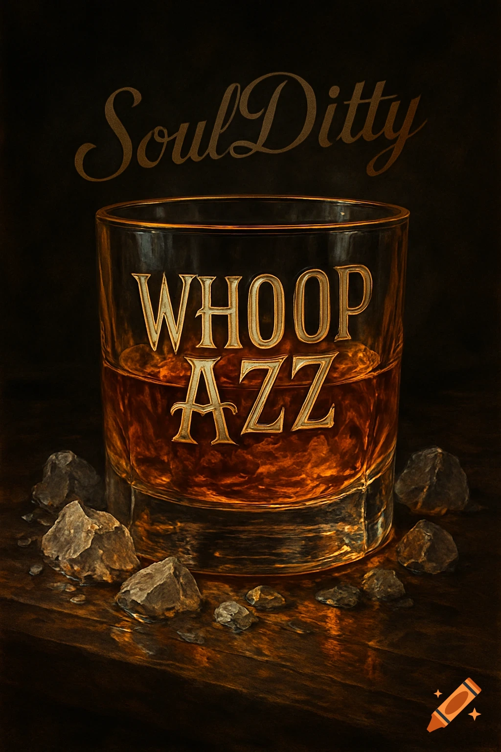 A photorealistic image of a bourbon glass with "WHOOP AZZ" etched in it, surrounded by rocks on wood, with "SoulDitty" in the dark background.