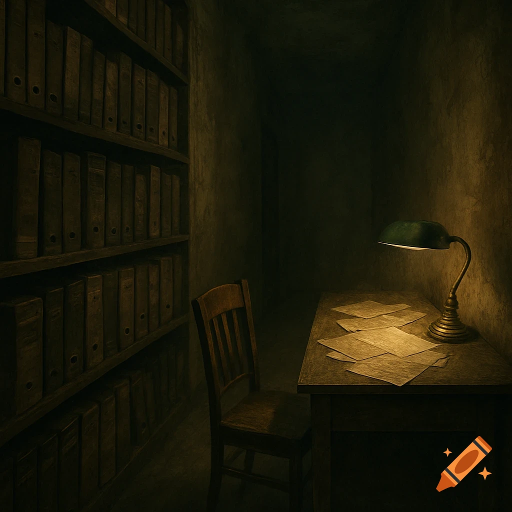 A dimly lit, vintage office or archive room with tall shelves of old binders, a wooden chair, and a desk with scattered papers, illuminated by a green banker's lamp.