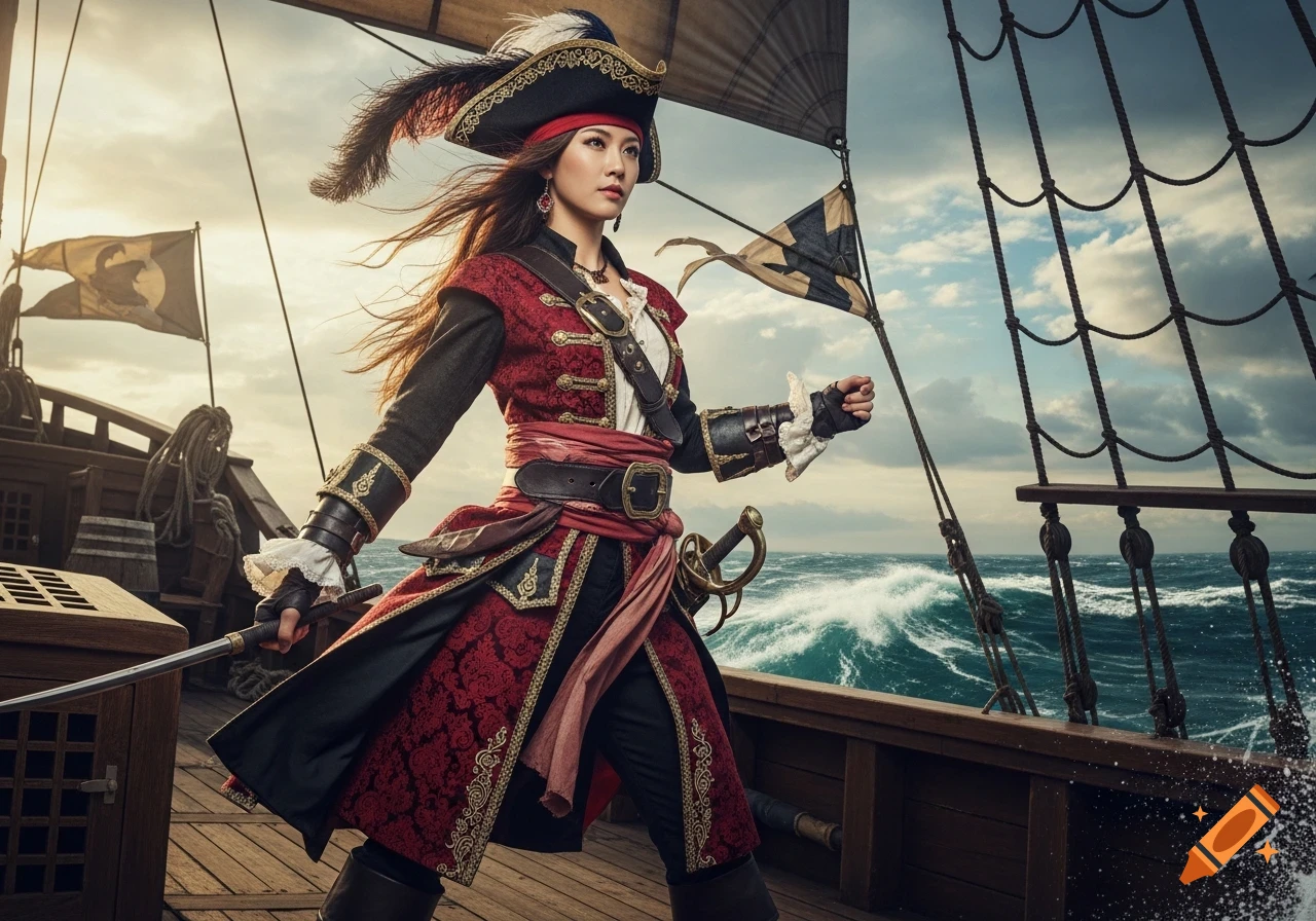 A photorealistic image of an Asian female pirate with a sword, standing on a ship deck with rough seas in the background.