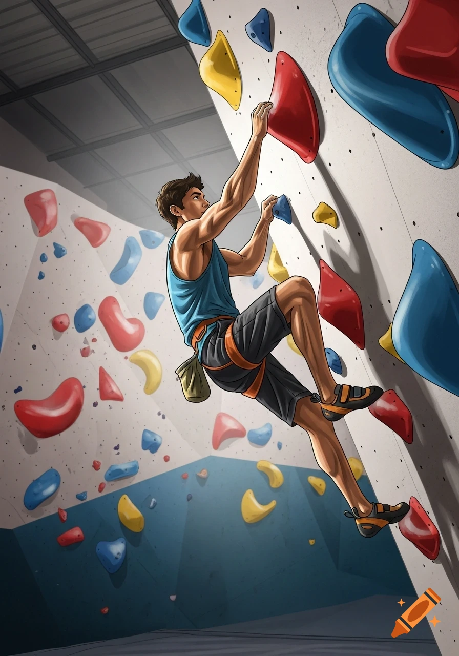 An illustration of a male rock climber ascending an indoor wall with colorful holds.