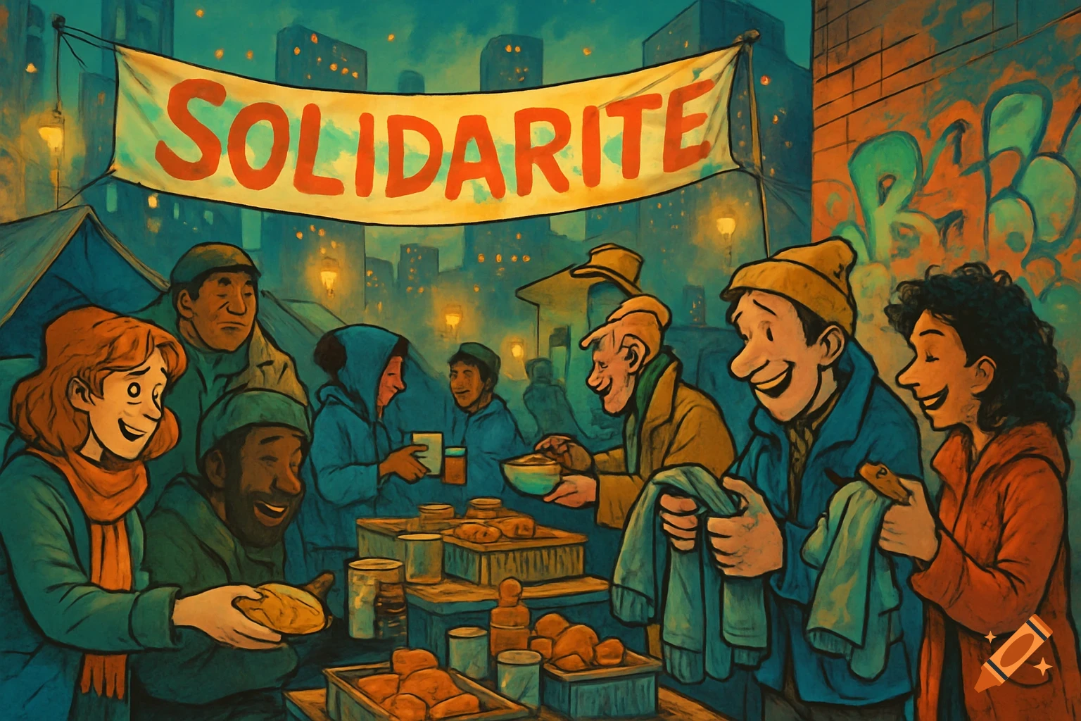 Comic art illustration of diverse people sharing food and clothes in an urban setting, banner reads 'SOLIDARITE'.