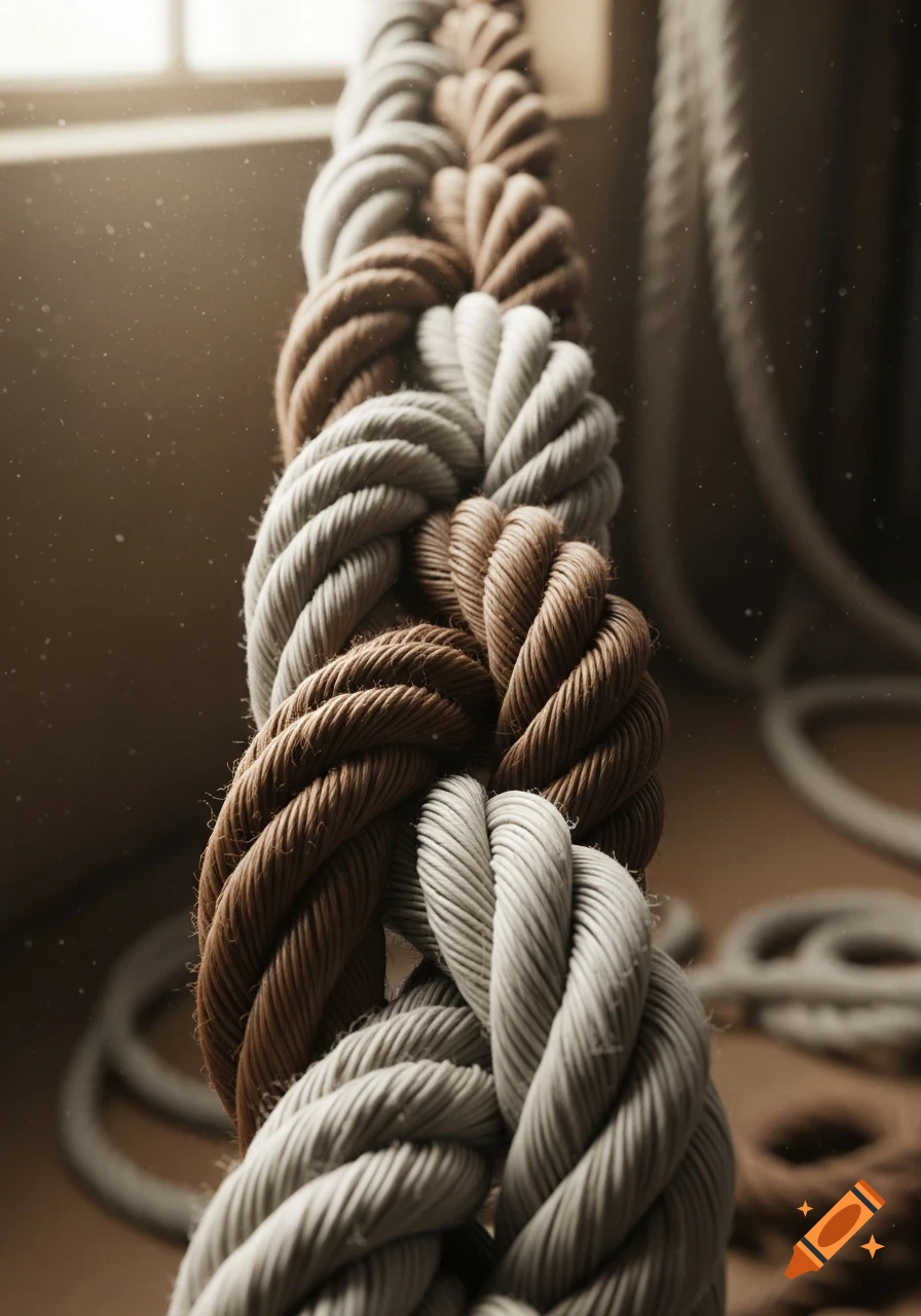 Close-up of thick beige and brown ropes braided together, with dust motes illuminated by soft light.