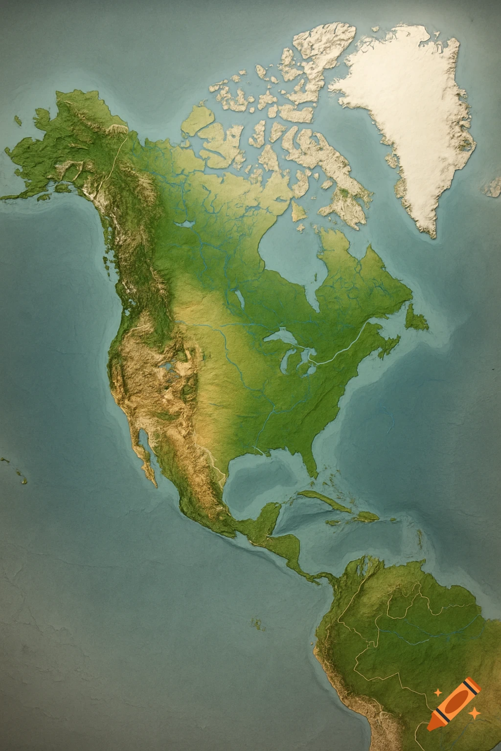 Detailed physical relief map of North America with mountains, rivers, and elevation-based color gradients.