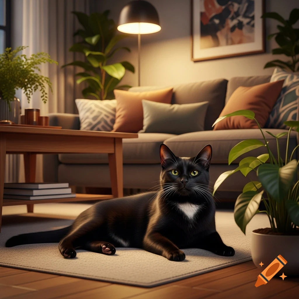 A realistic black cat with a white chest patch lies on a rug in a cozy modern living room with warm lighting, a sofa, and plants.