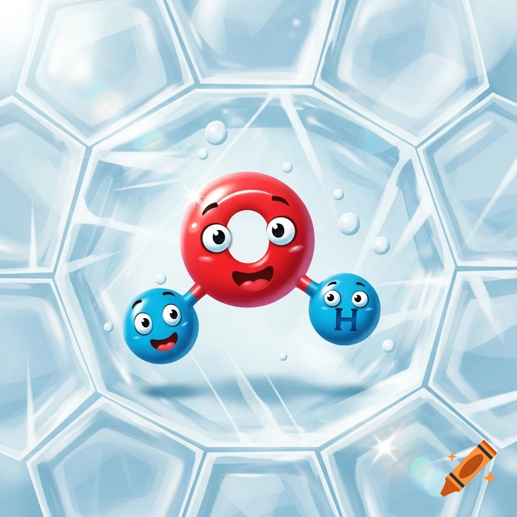A cheerful cartoon water molecule (H2O) with smiling faces, featuring a red oxygen and two blue hydrogen atoms, within an icy hexagonal pattern.