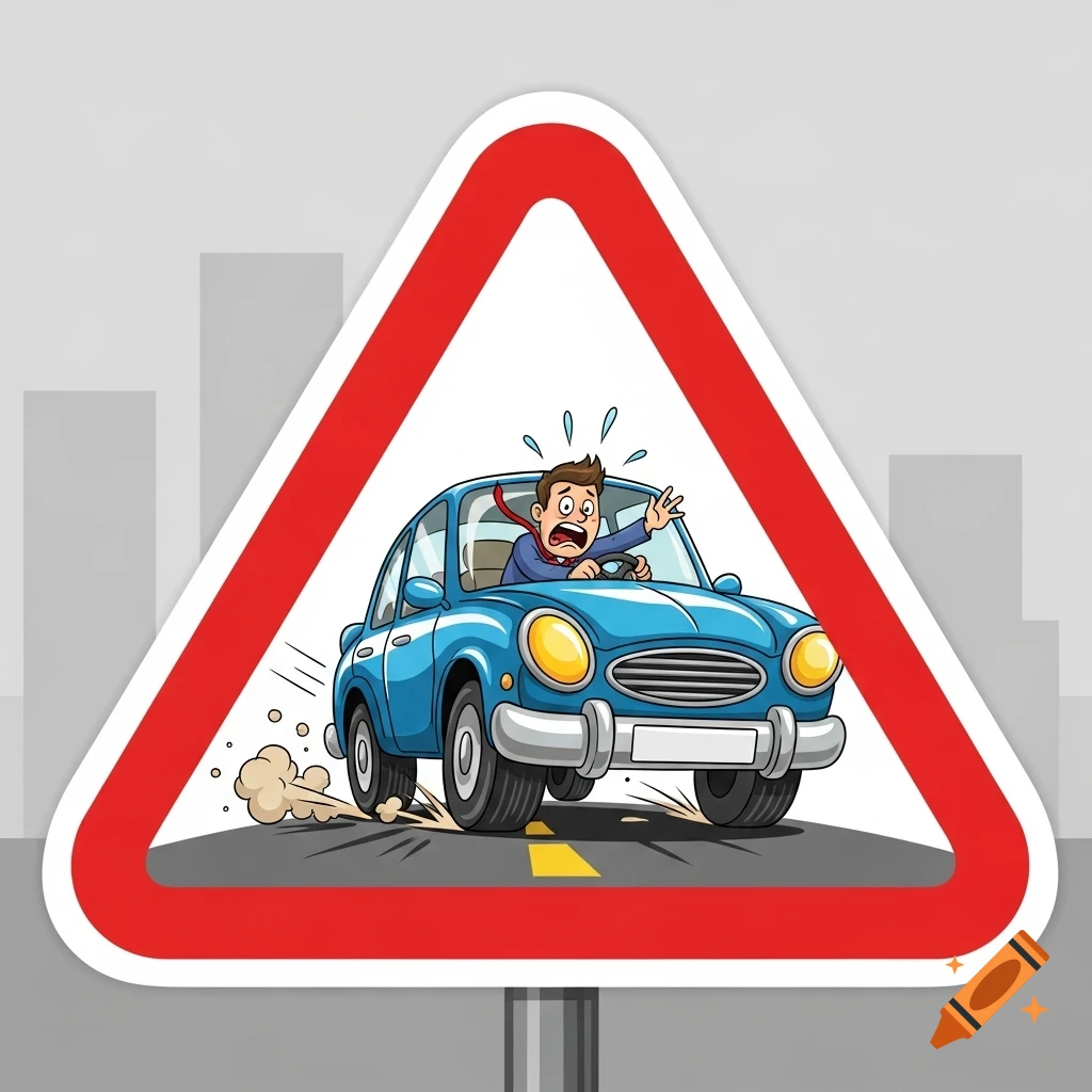 A cartoon illustration of a blue car skidding with a frantic driver inside a red triangular warning sign.