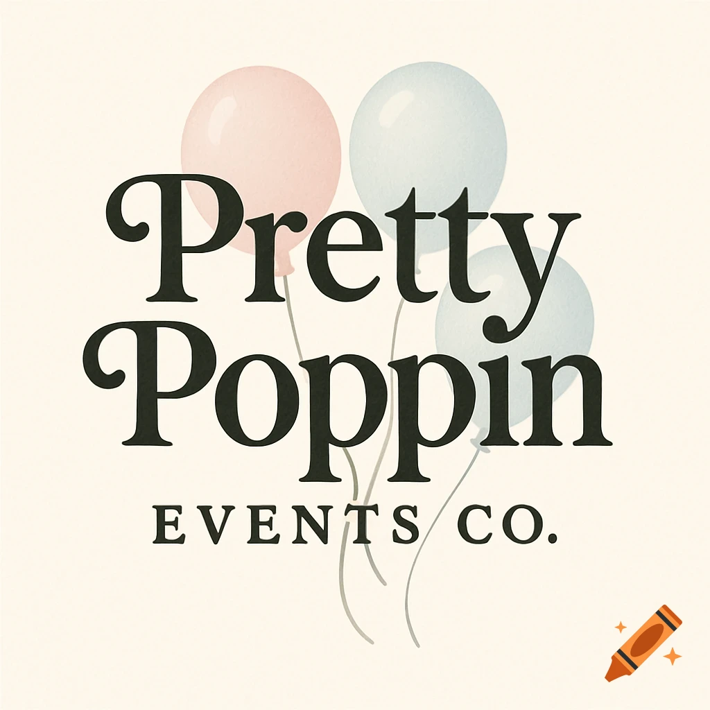 Business logo for Pretty Poppin Events Co. with pink and blue watercolor balloons on a cream background.