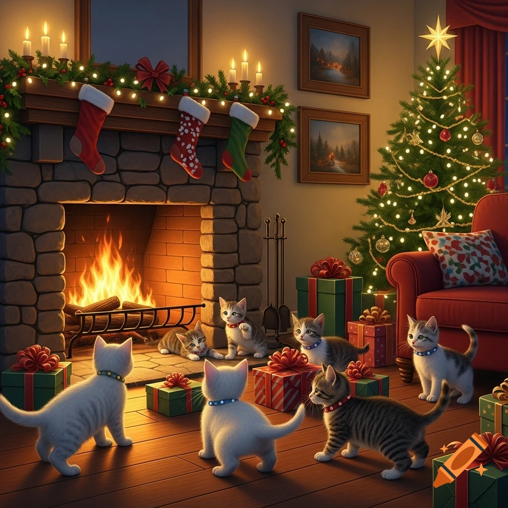 Multiple cute kittens explore presents near a cozy fireplace and a decorated Christmas tree in a warm, festive, photorealistic living room.