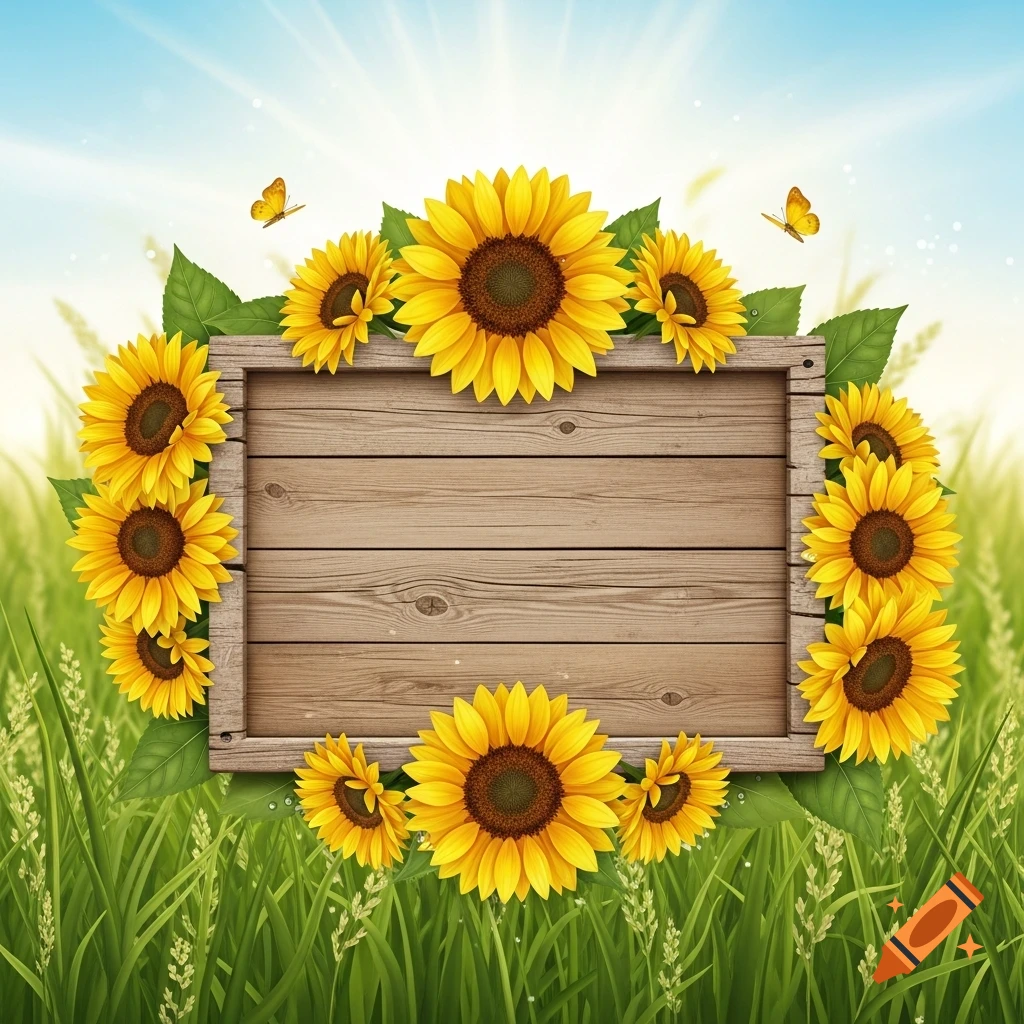 Rustic wooden sign framed by bright sunflowers in a green field under a sunny blue sky with butterflies. Illustration style.