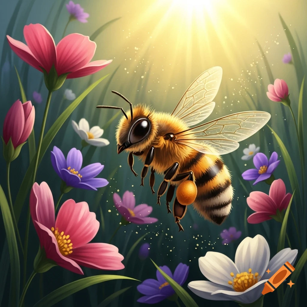 An illustrative honey bee with large eyes flies among pink, purple, and white flowers, bathed in sunlight.