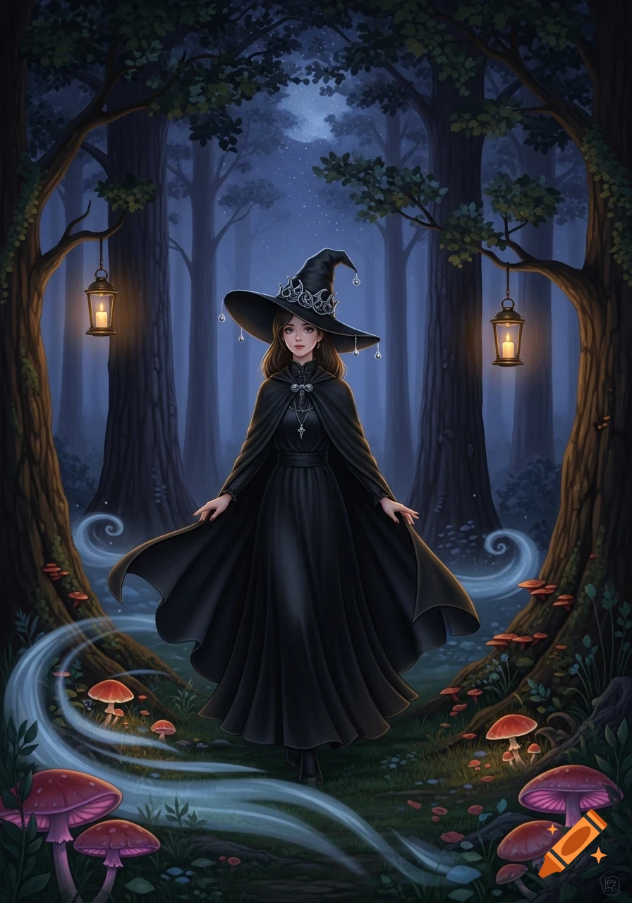 A young witch in a black dress and hat stands in a mystical forest at night, surrounded by glowing mushrooms and lanterns.