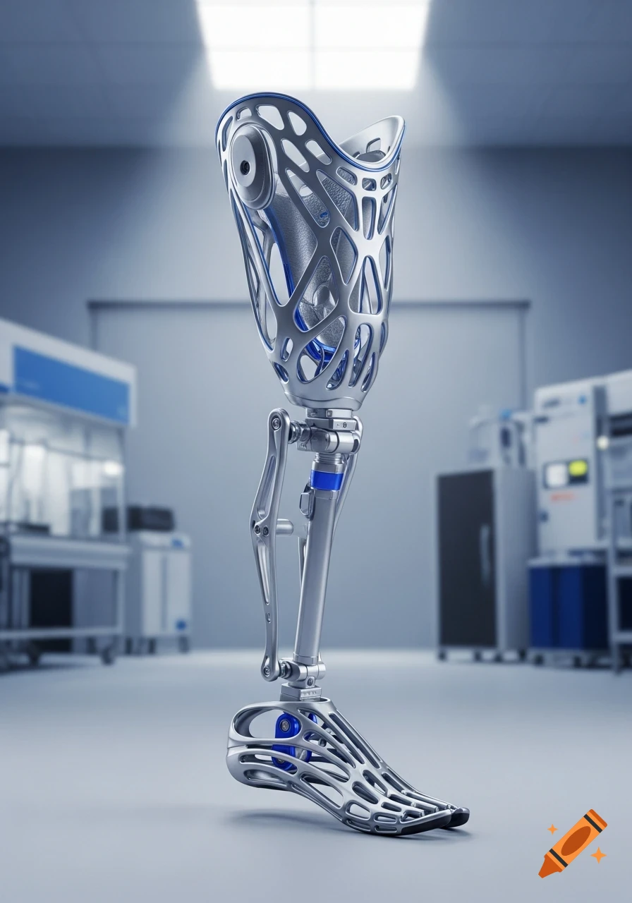 A highly detailed, silver and blue 3D printed lower leg prosthetic stands in a sterile laboratory setting.