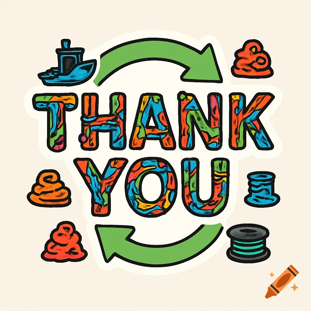 Colorful clip-art "THANK YOU" message from recycled 3D printer materials, with icons and a green recycling arrow.