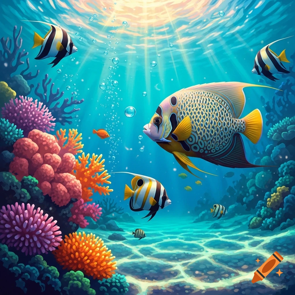 Vibrant digital art of tropical fish and colorful coral reefs in clear blue water with sun rays.