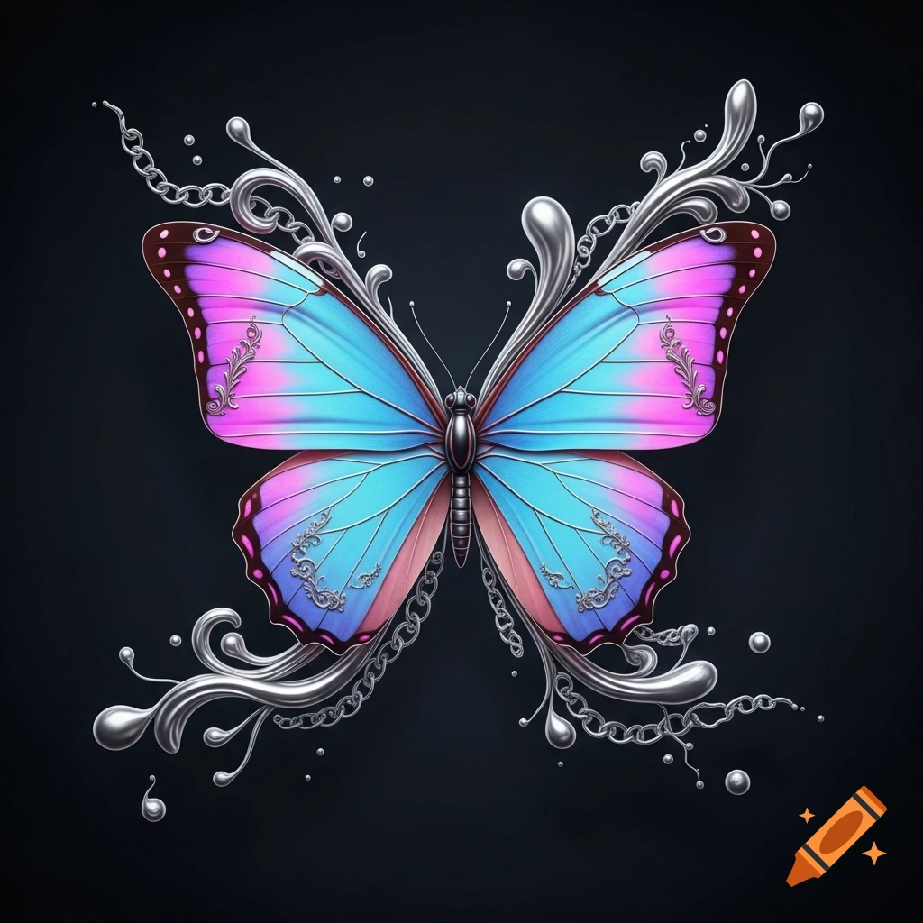 An ornate pastel blue and magenta butterfly with silver filigree and chains, some melting into liquid silver, on a dark background.