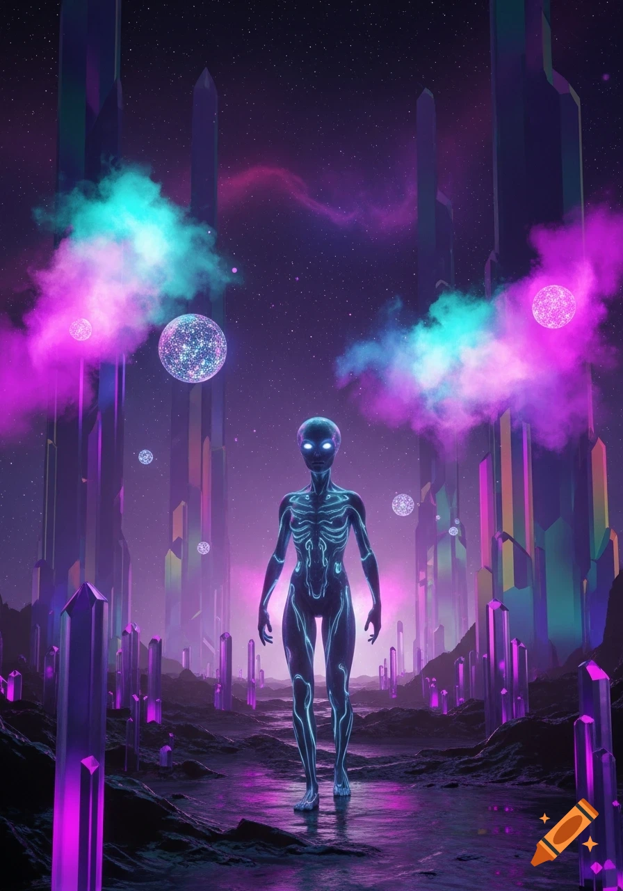 A glowing, skeletal alien walks through a neon-purple crystal alien landscape under a starry sky with nebulae and glowing orbs.