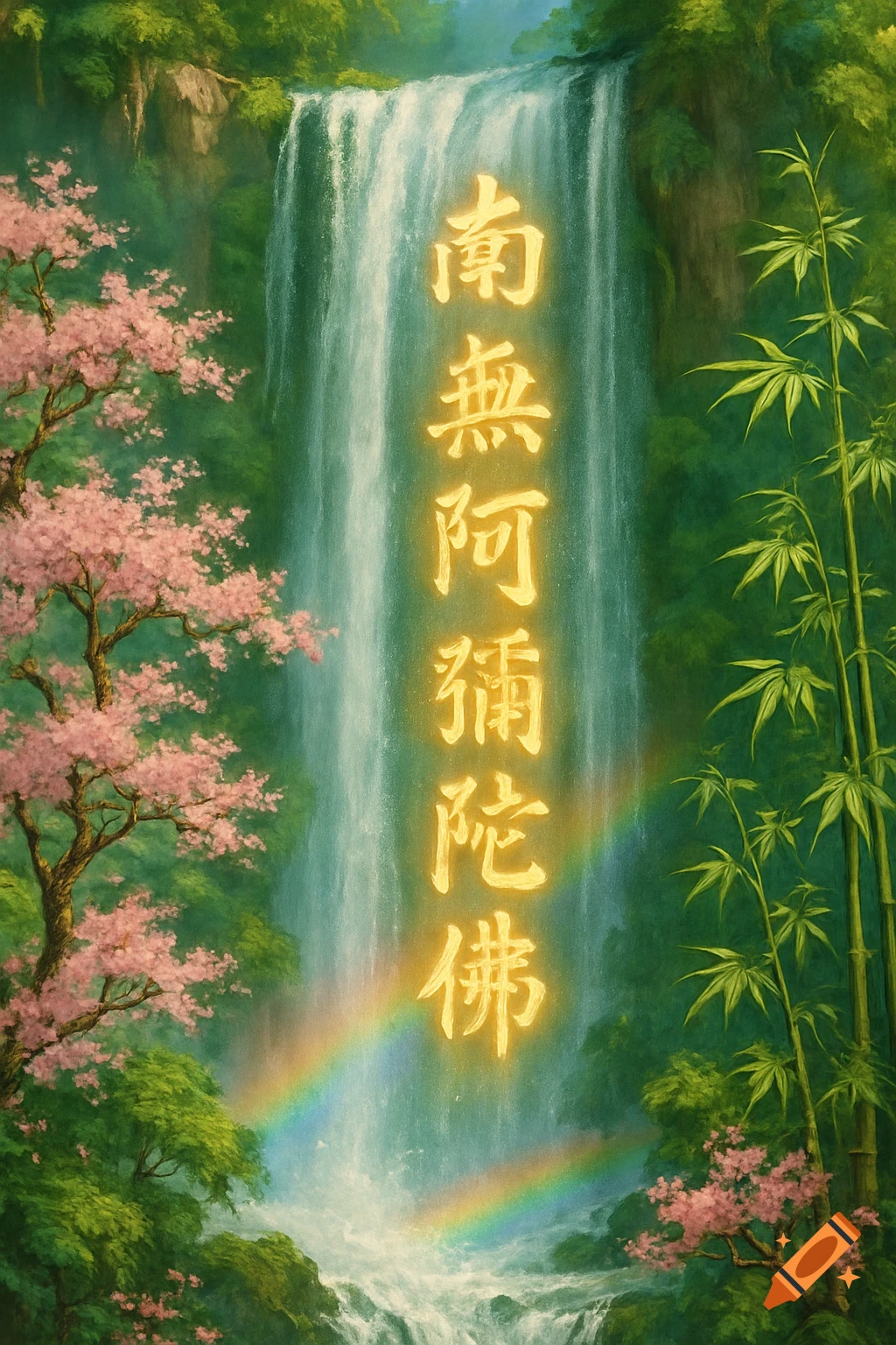 Painterly waterfall scene with gold '南無阿彌陀佛' calligraphy, a rainbow, pink cherry blossoms, and green bamboo.
