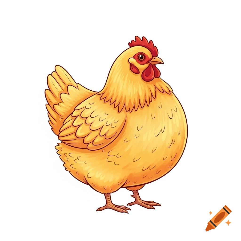A cartoon illustration of a plump yellow chicken with a red comb and wattle, standing and looking to the right on a white background.