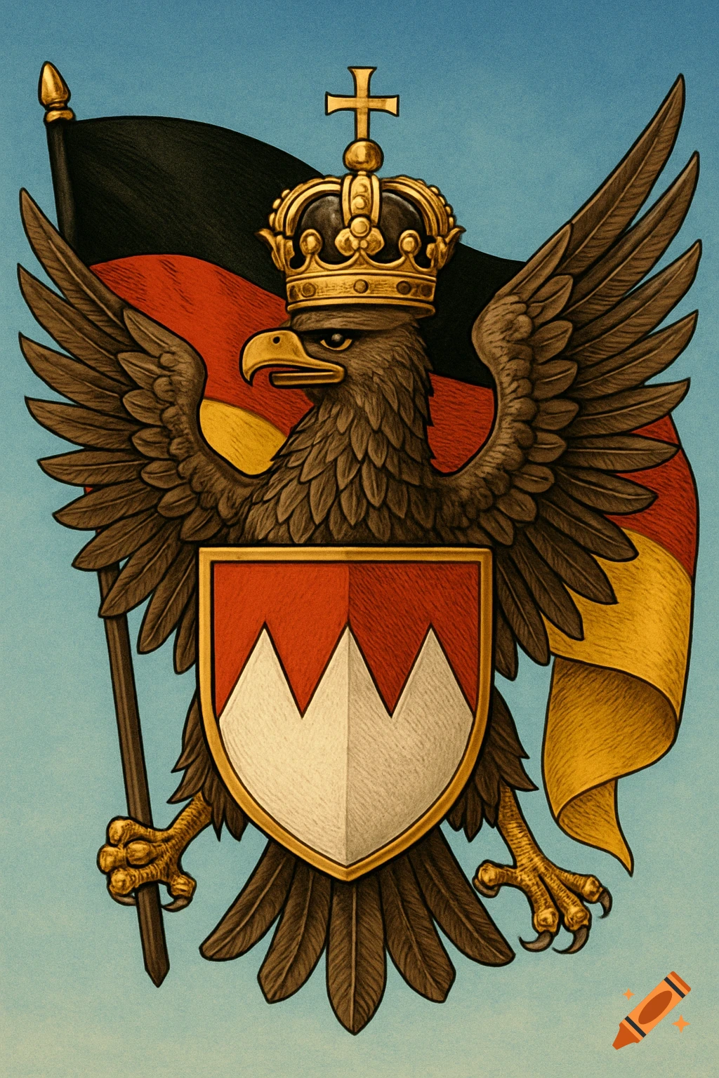 A majestic eagle wearing a golden crown with a cross, holding a German flag and a shield with the red and white Franconian rake design.