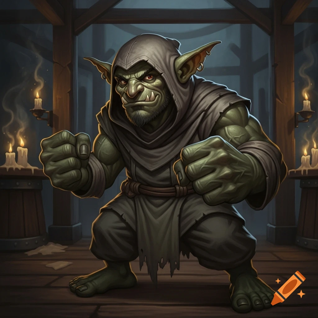 A muscular, green-skinned goblin in a grey hooded robe, clenching his large fists in a dimly lit tavern.