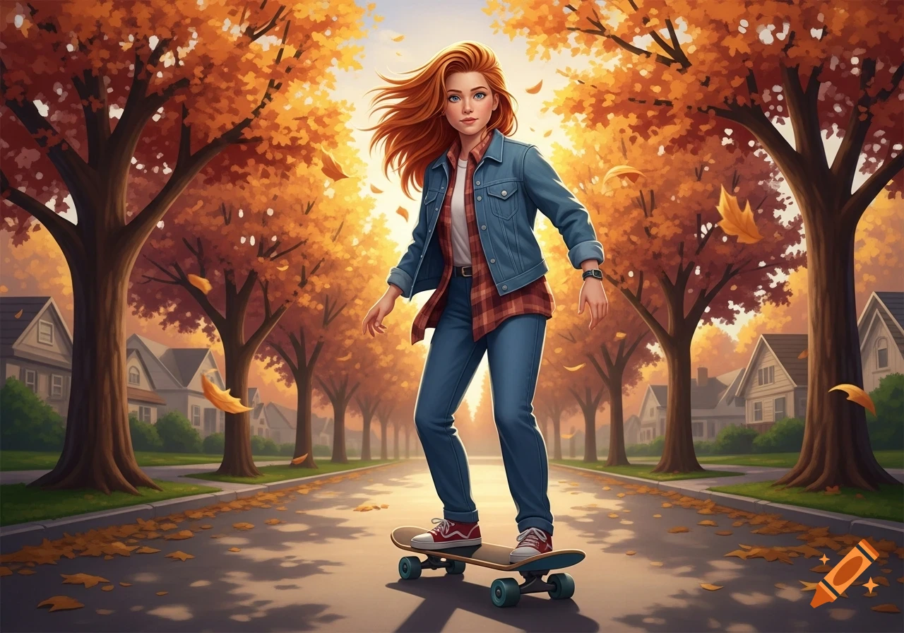 An illustration of a red-haired woman skateboarding down an autumn street lined with trees with orange leaves and houses.