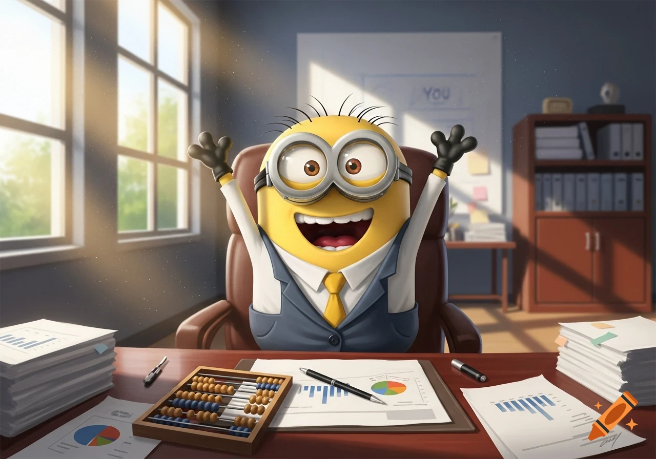 A cheerful Minion in a business suit sits at an office desk with papers and an abacus, raising its arms in celebration.