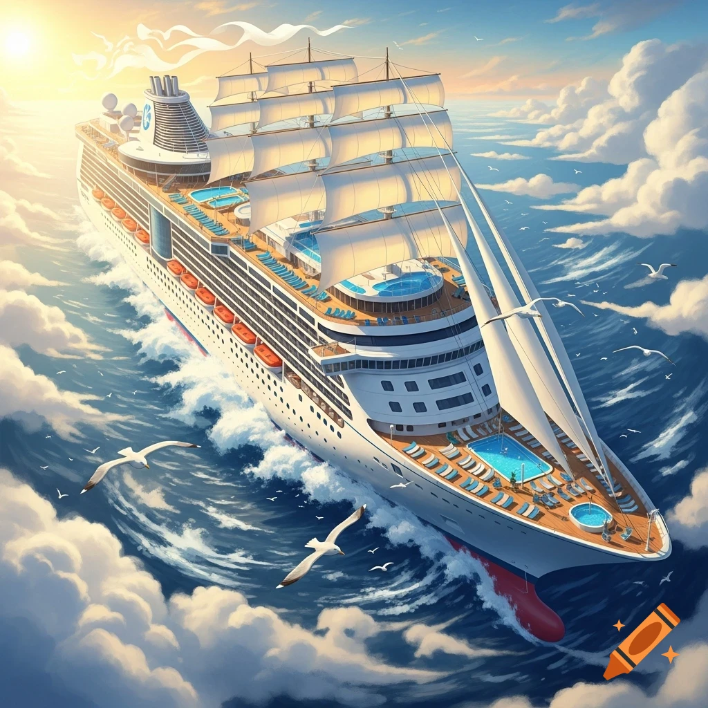 A large white cruise ship with sails flies through a bright, cloudy sky with seagulls, above stylized waves and clouds.