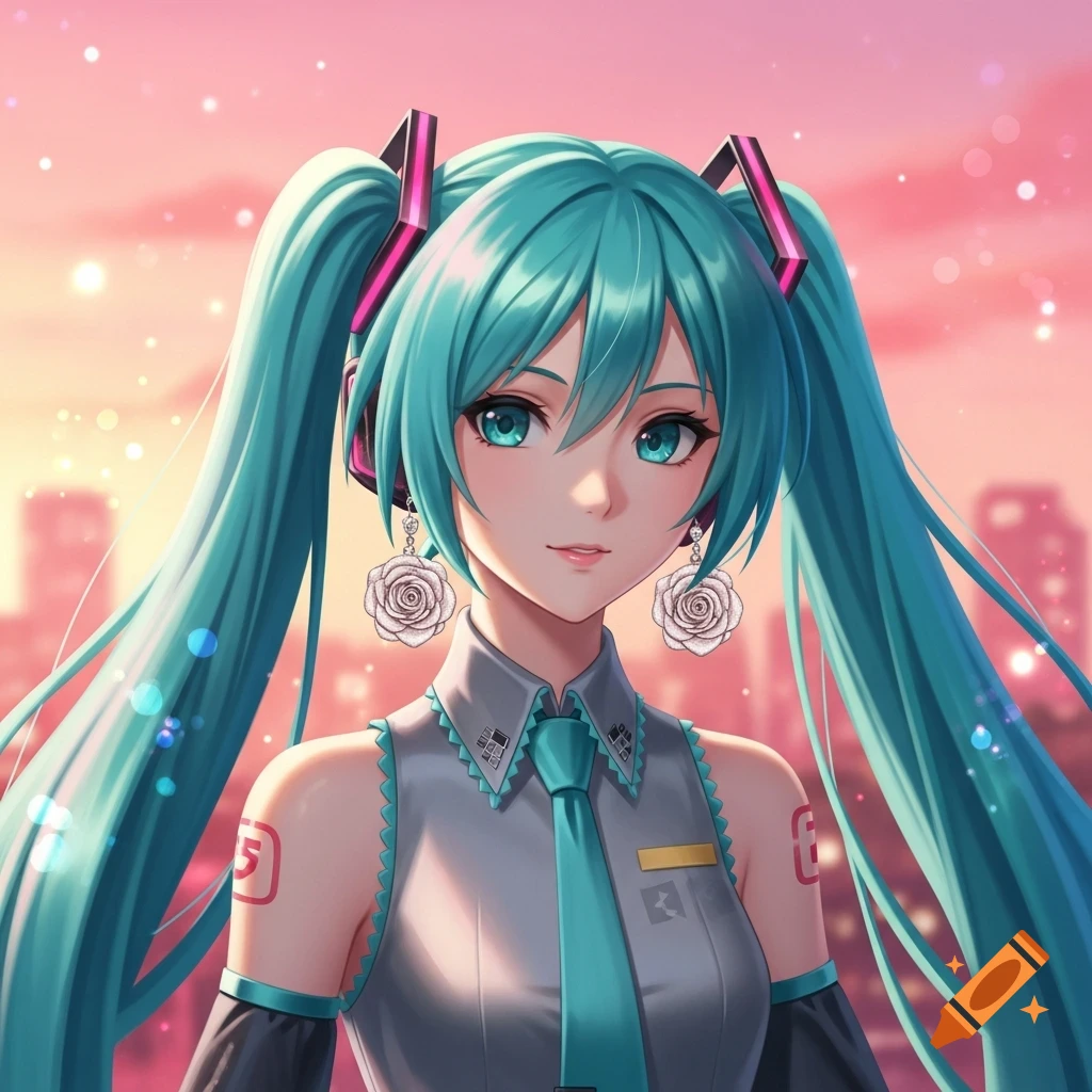 Close-up of Hatsune Miku with blue pigtails and rose earrings against a pink sky with city buildings.