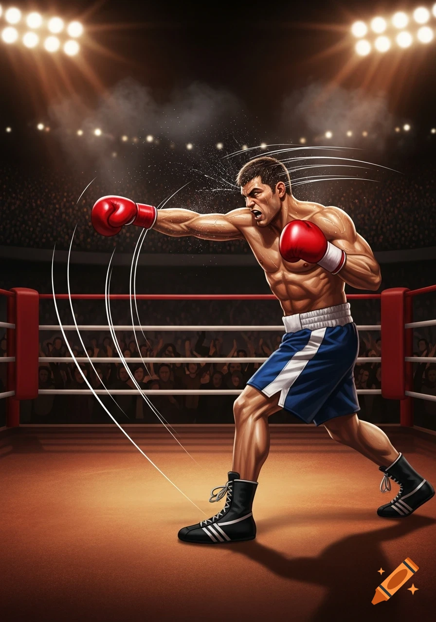 An athletic boxer in red gloves and blue shorts throws a powerful punch in a brightly lit boxing ring with a cheering crowd.